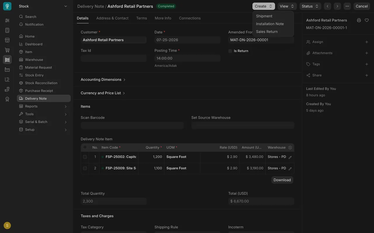 Create menu on a delivery note