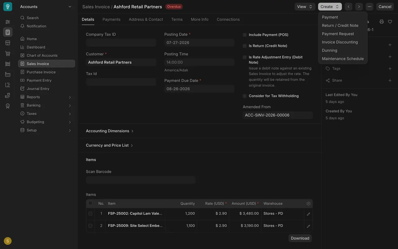 Create menu on an invoice