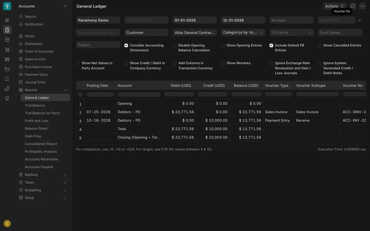 General Ledger for one customer