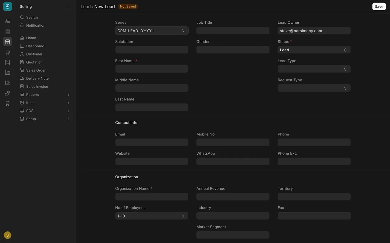 A new lead before it is saved: both name fields show a red star while both are empty