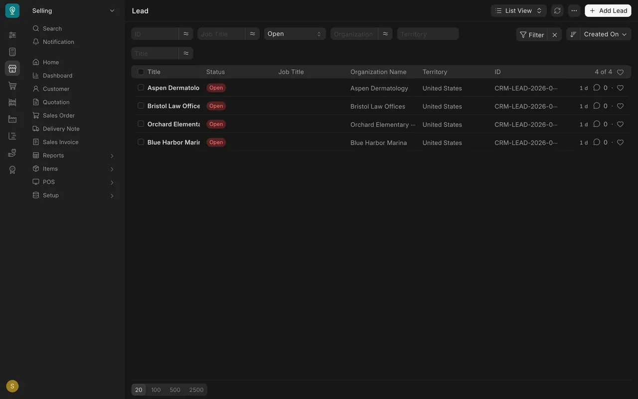 The Lead list filtered to Open leads