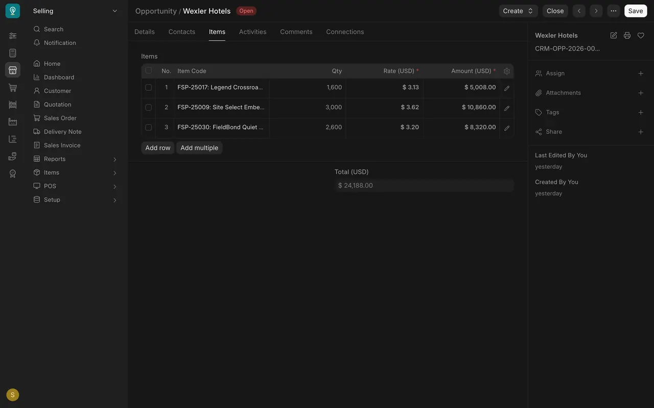 The Items tab of an opportunity, with quantities in square feet
