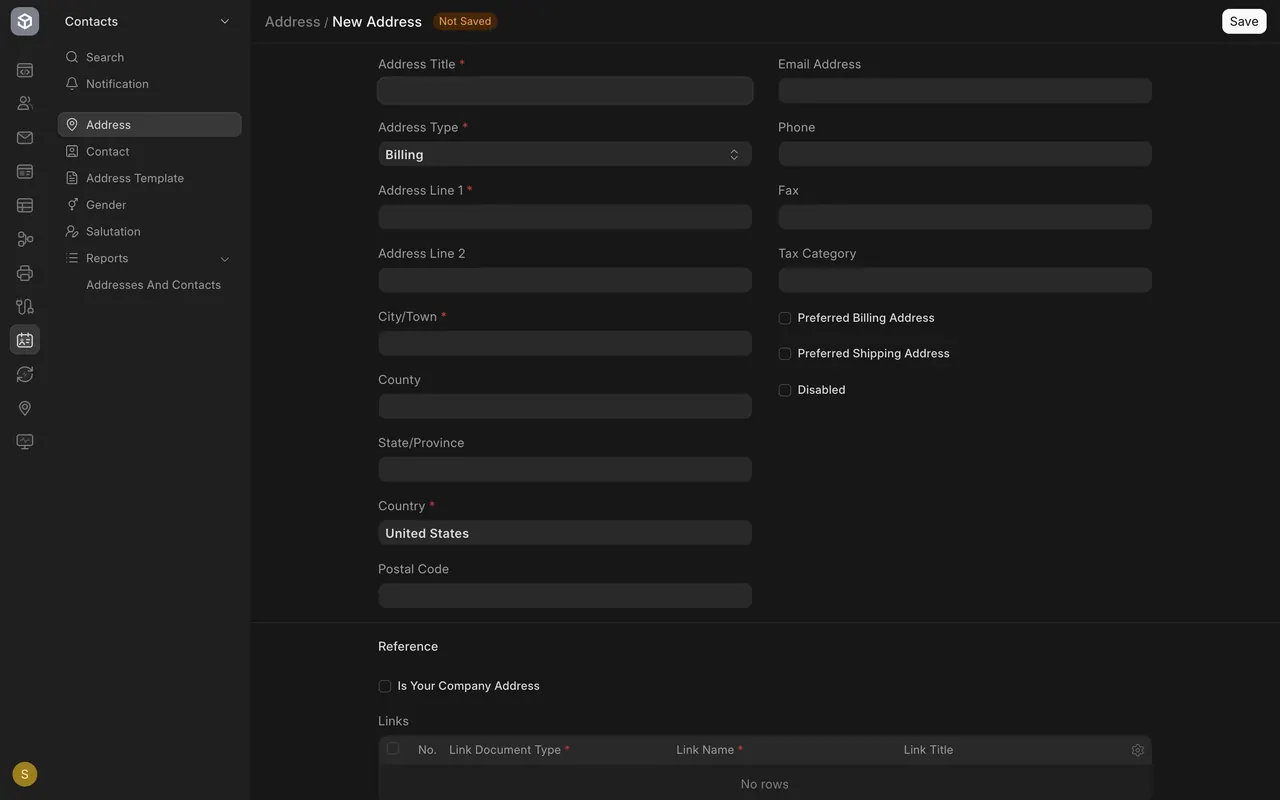 A new address form, showing Tax Category and Is Your Company Address