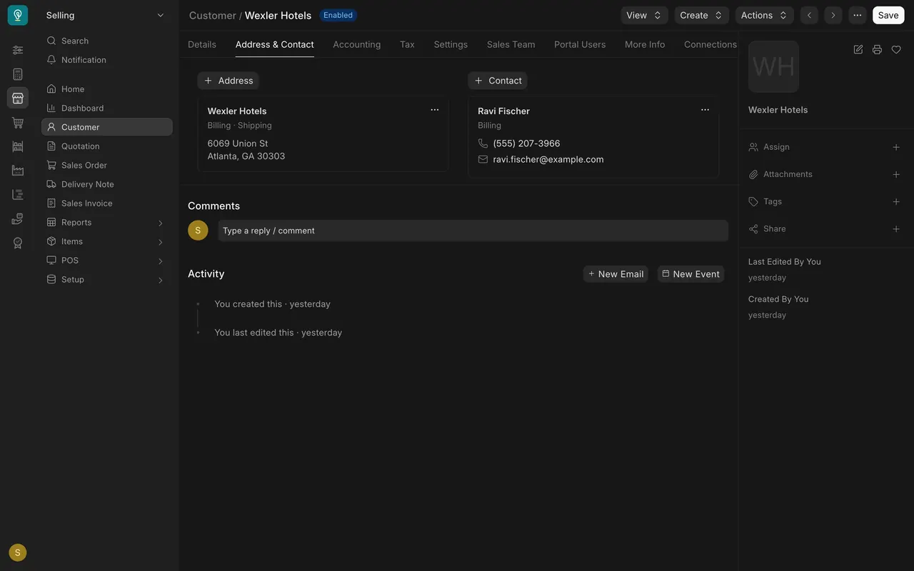 The Address & Contact tab on Wexler Hotels