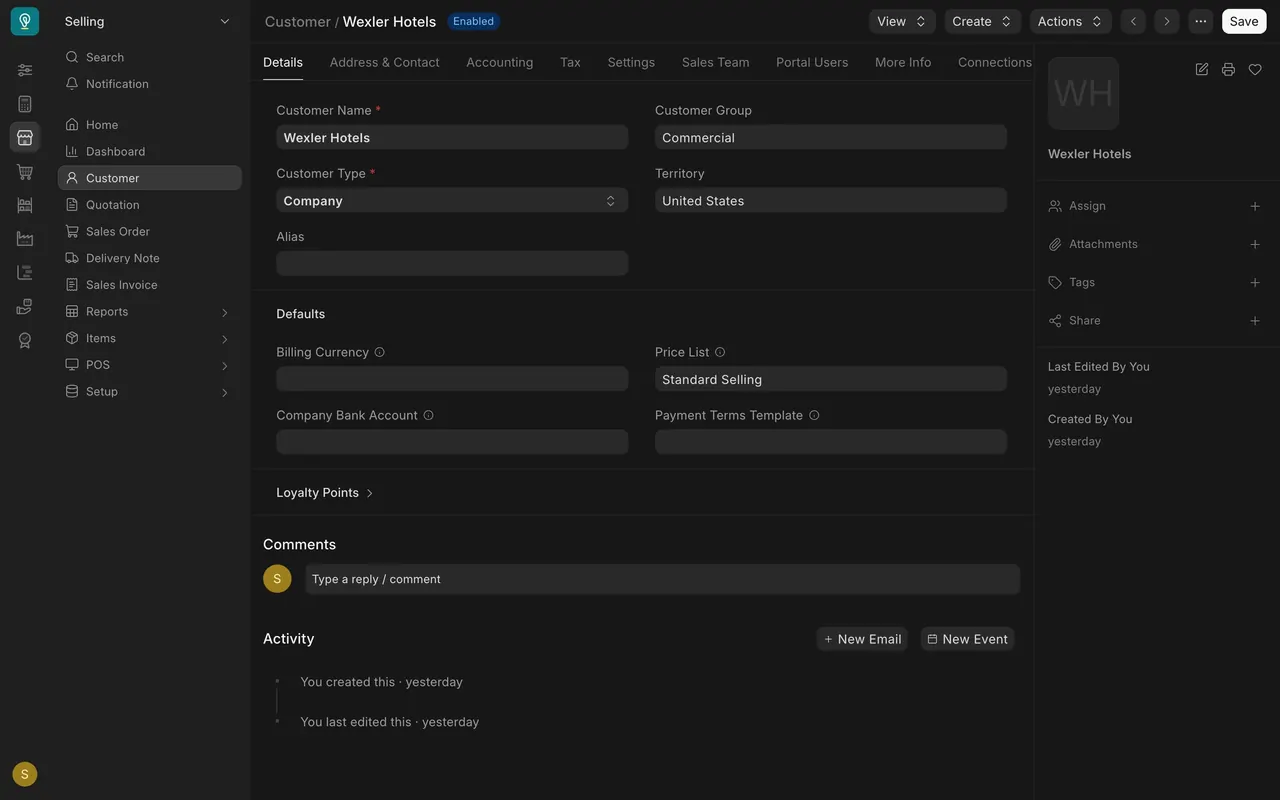 The Wexler Hotels customer record, with its group, territory and price list