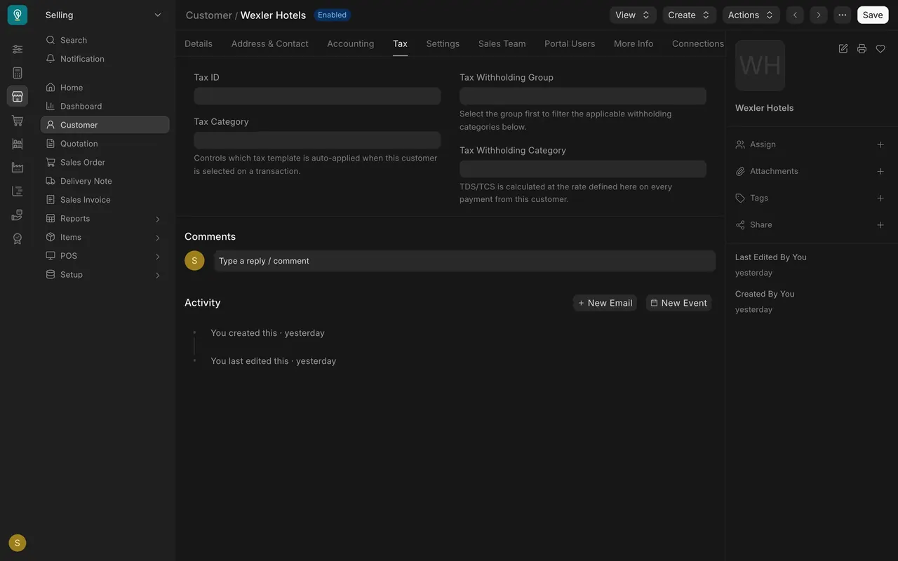 The Tax tab on Wexler Hotels