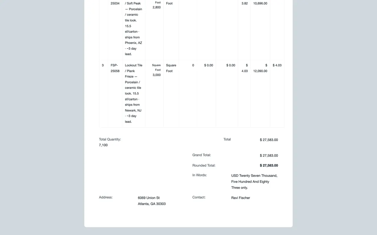 The bottom of the printed quotation: Grand Total, Rounded Total and In Words