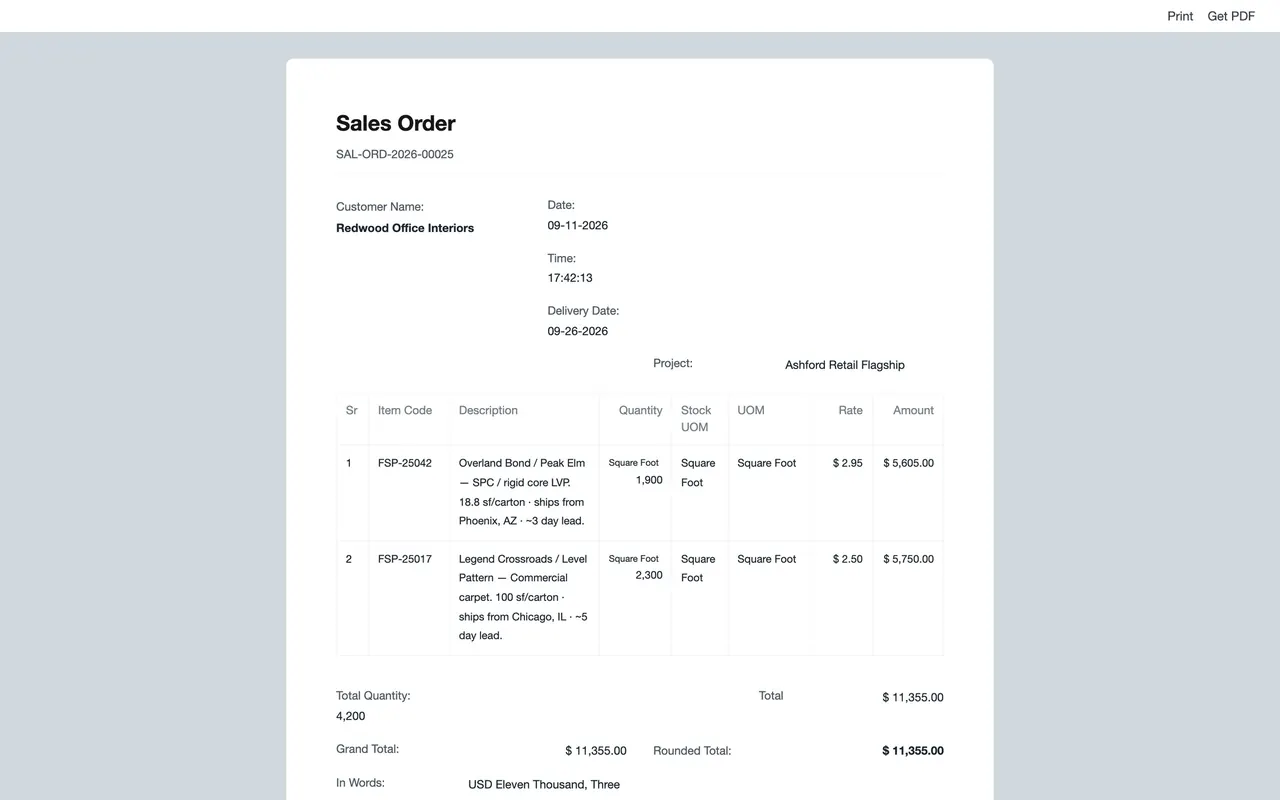 The print view of the Redwood Office Interiors sales order, as the customer receives it