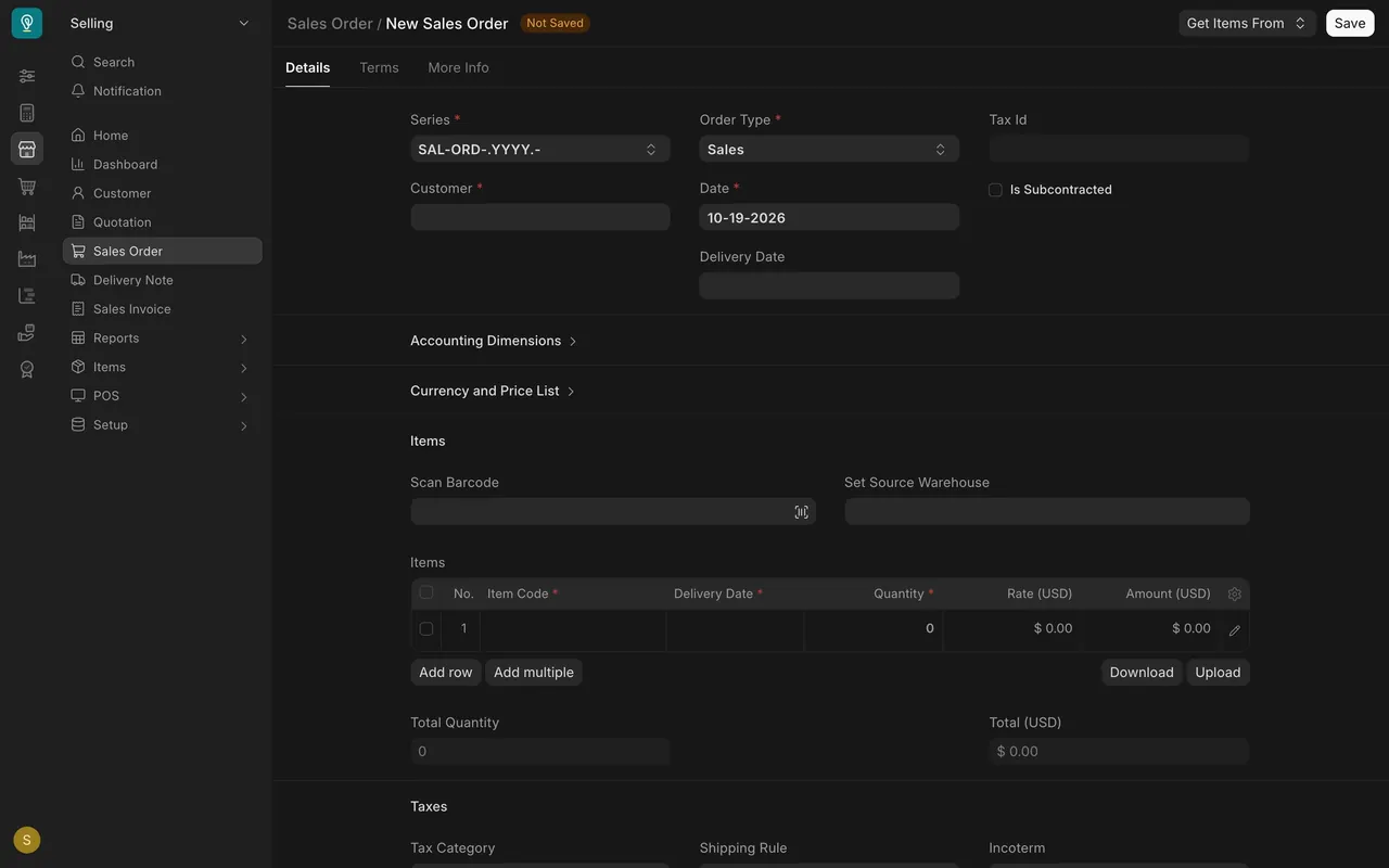 A new sales order: Delivery Date in the header and on every item row