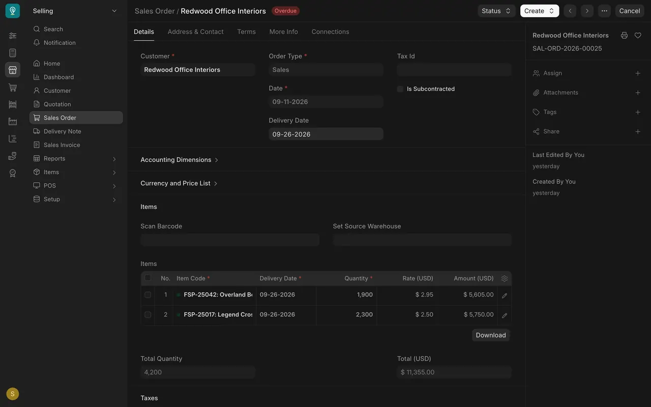 The Redwood Office Interiors order: delivery date September 26, status Overdue