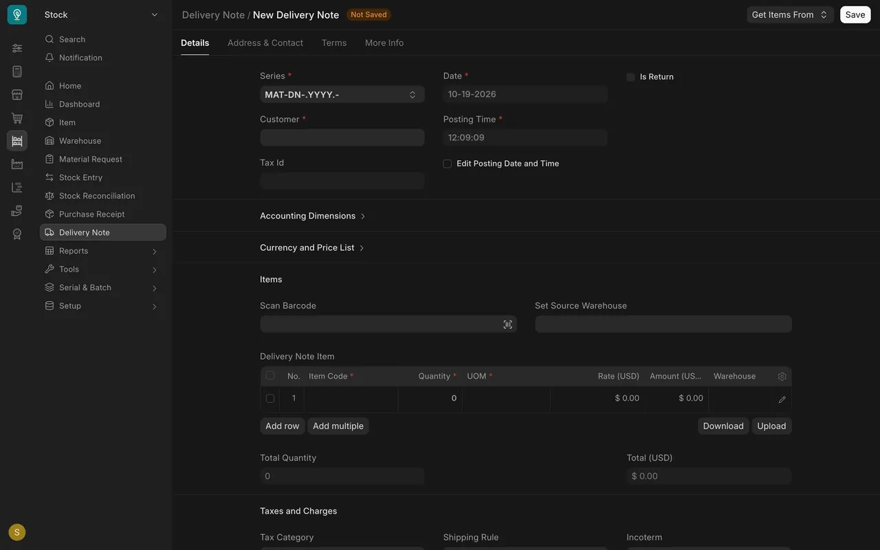 A new delivery note, with Set Source Warehouse above the items table