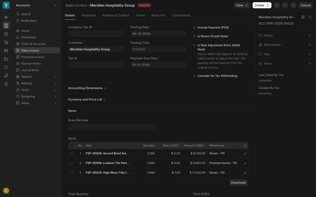 Meridian's invoice: posting date, payment due date and Overdue status