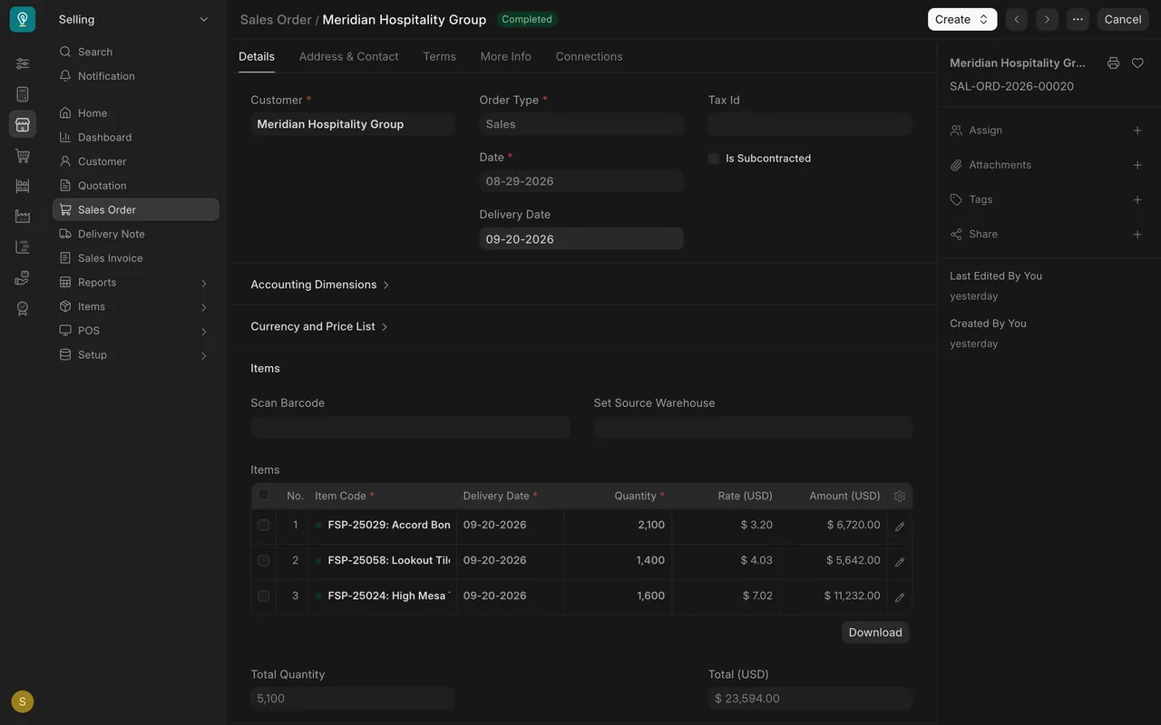 The completed Meridian Hospitality Group sales order, with the Create button