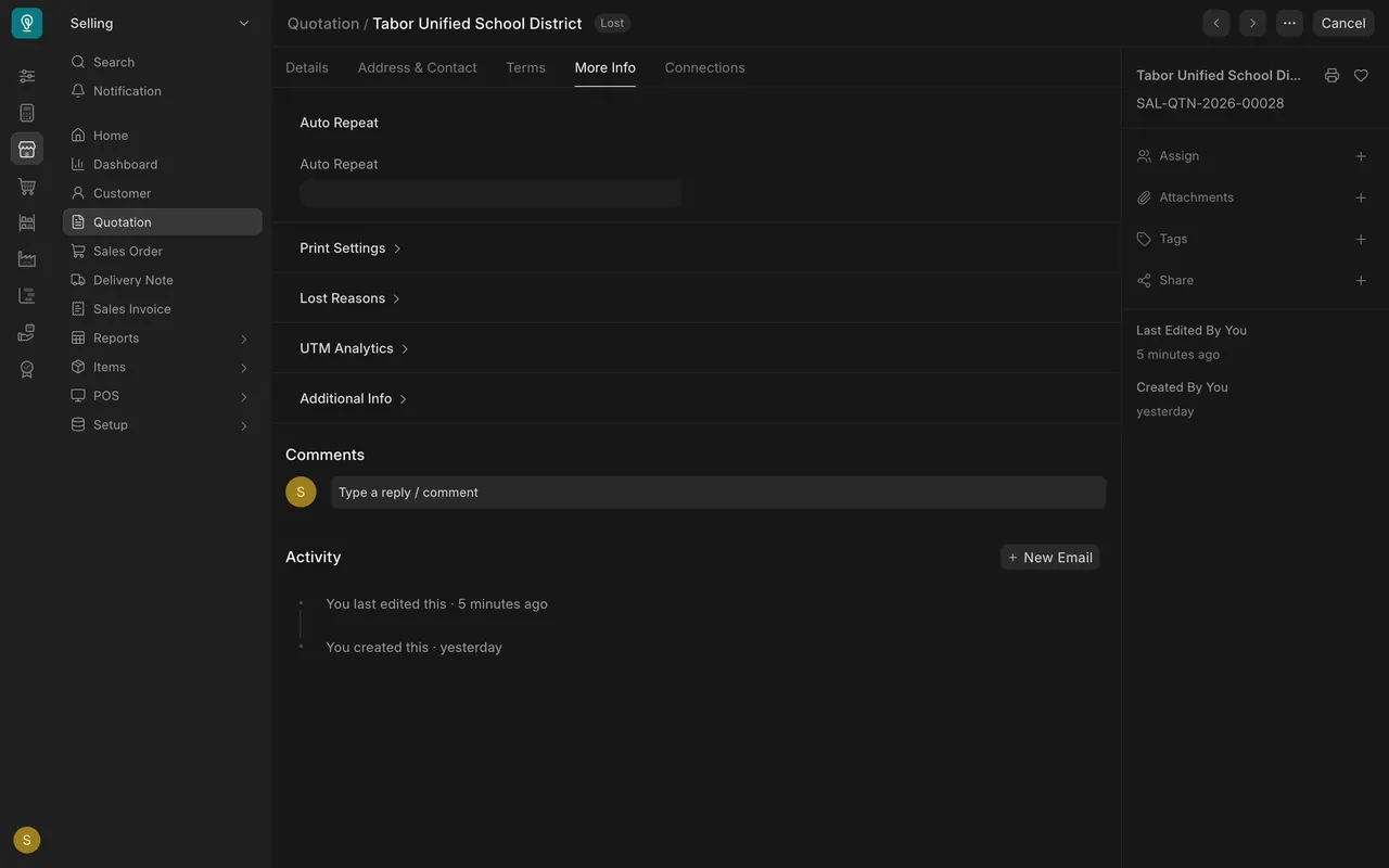 A lost quote's More Info tab, with its Lost Reasons section