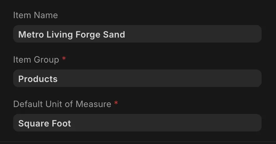 Details tab, left column: Item Name, Item Group and Default Unit of Measure