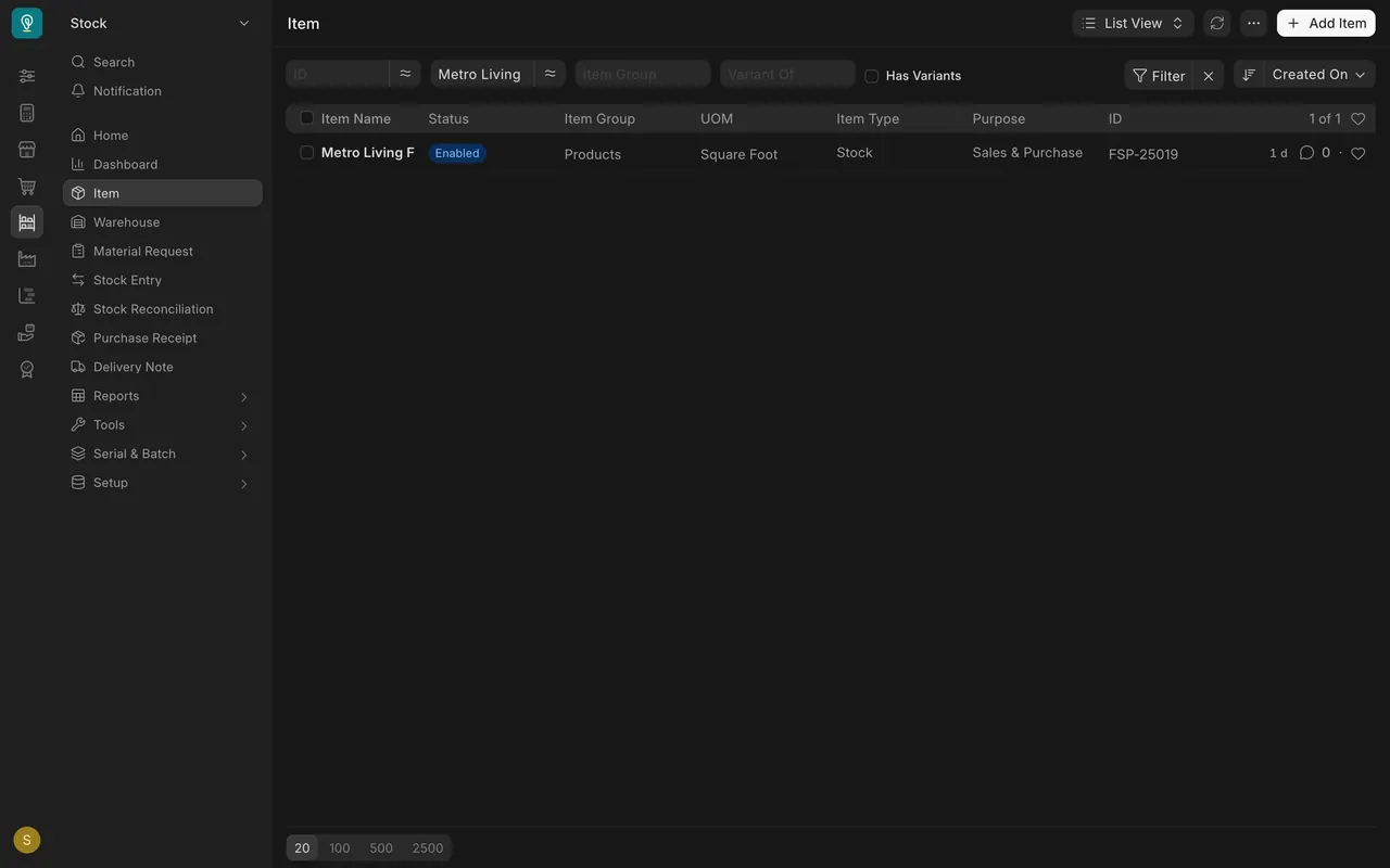 The Item list filtered to Metro Living Forge Sand, code FSP-25019