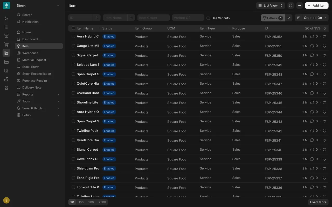 The Item list in the Stock workspace, with the UOM and ID columns