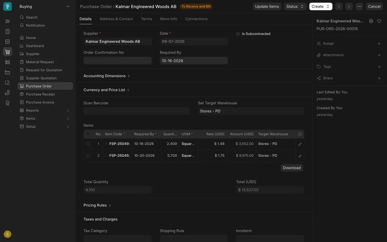 Purchase order from Kalmar Engineered Woods AB: Supplier, Items table and Create button
