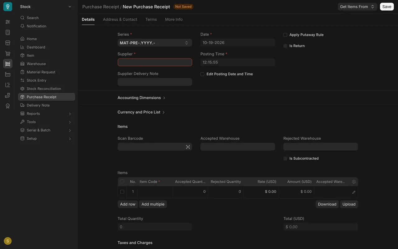 A new Purchase Receipt: Date, Posting Time, Edit Posting Date and Time, Scan Barcode, Accepted and Rejected Warehouse