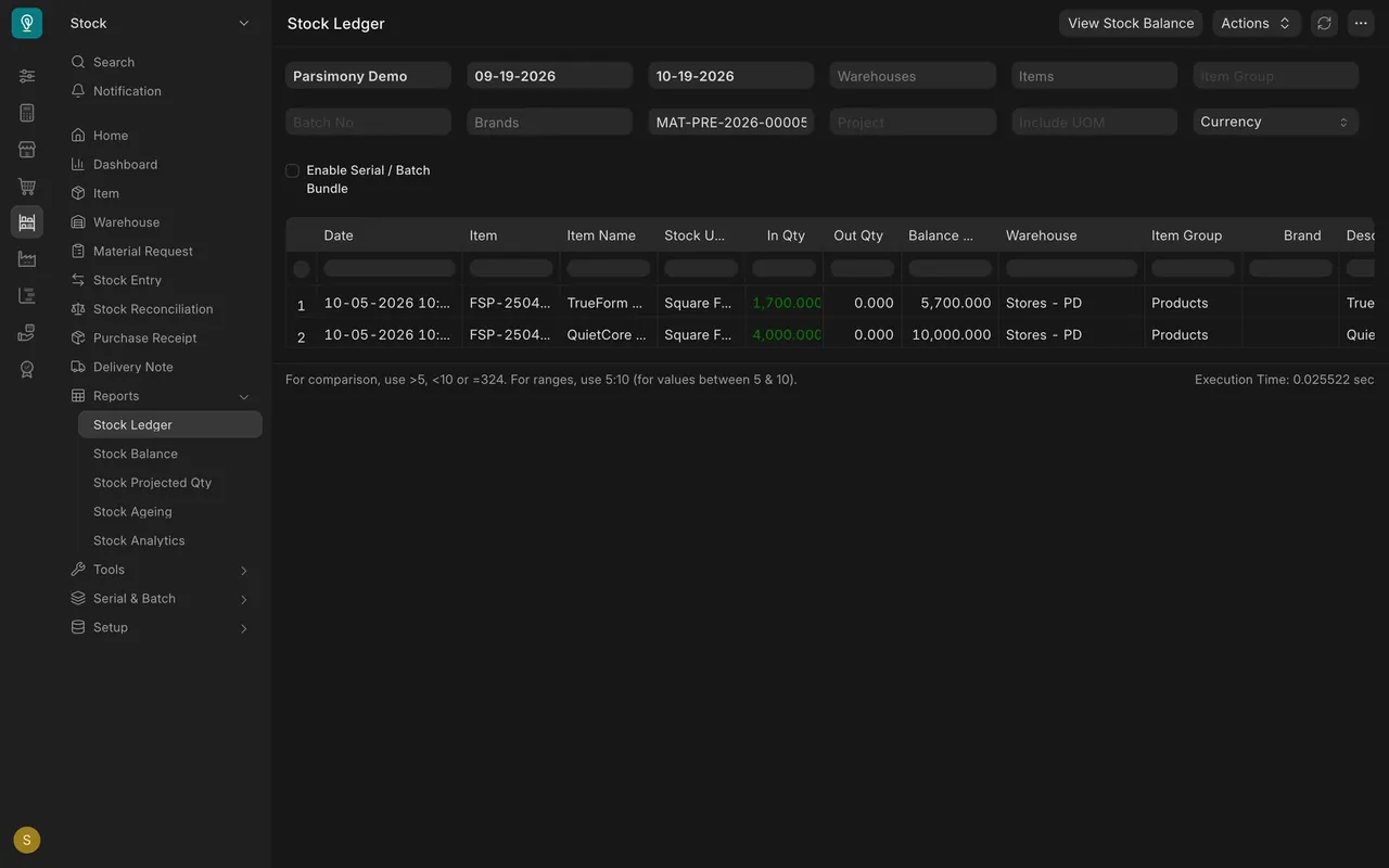 Stock Ledger filtered to the receipt: In Qty 1,700 and 4,000 into the Stores warehouse