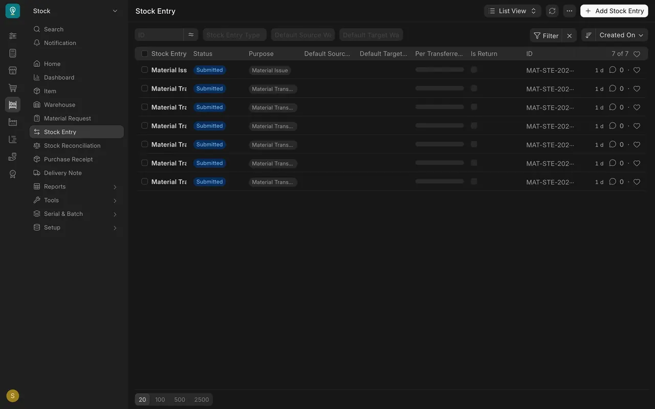 Stock Entry list with the Add Stock Entry button