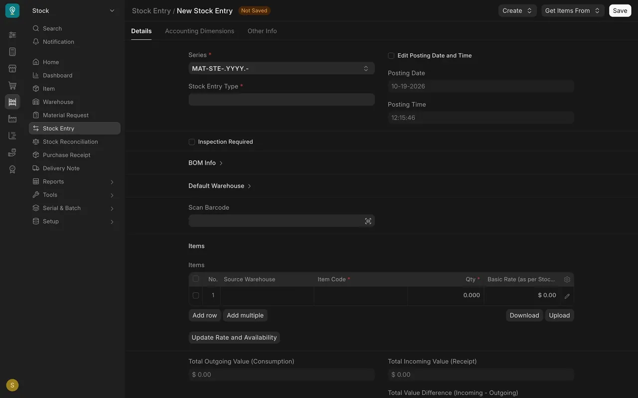 A new Stock Entry: Stock Entry Type, Default Warehouse section, Scan Barcode and the Items table