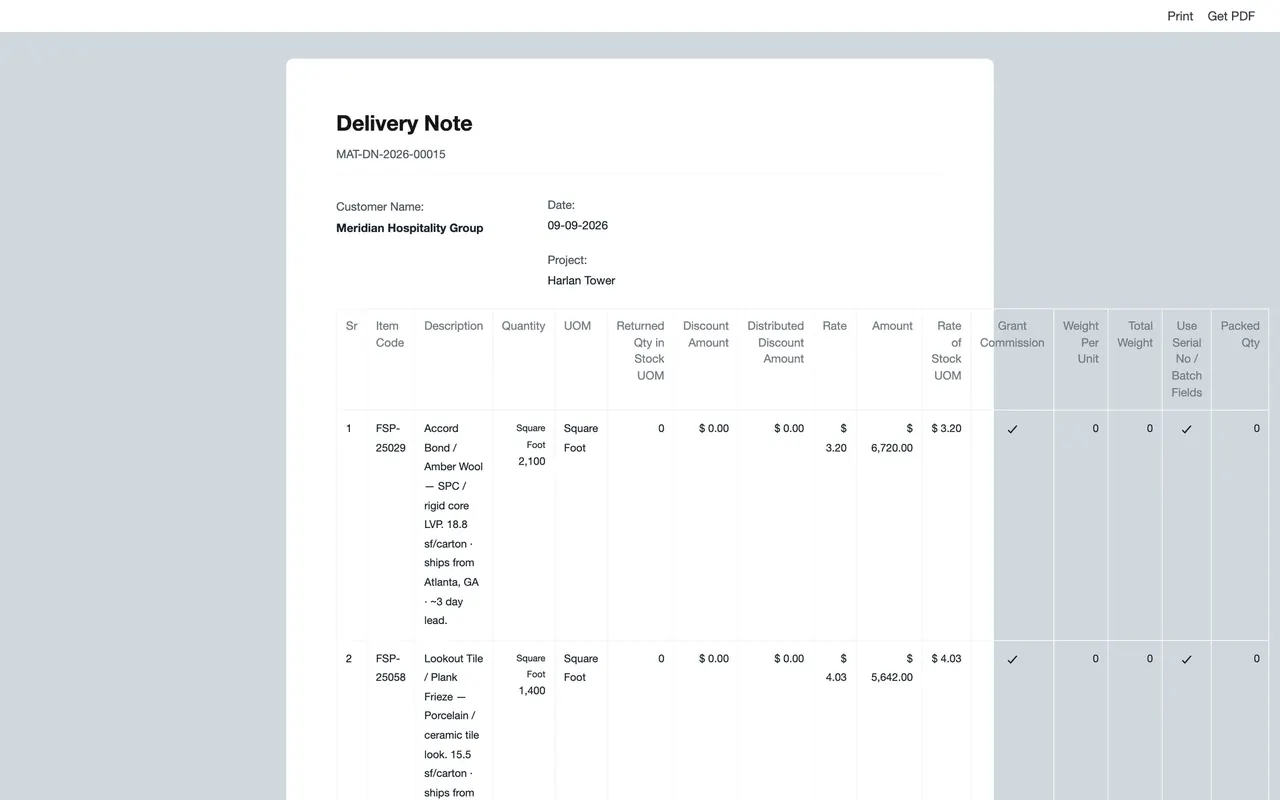 The print view of the delivery note, as the customer receives it