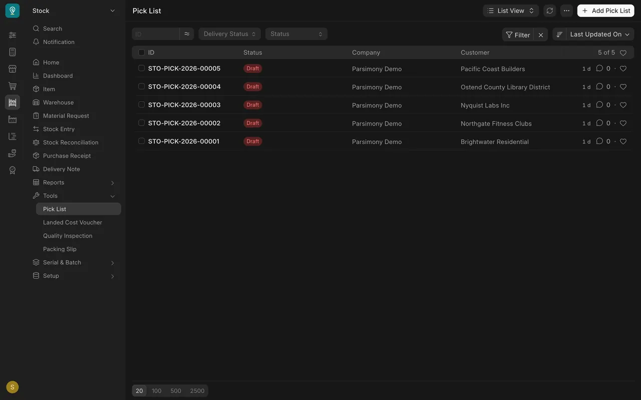 Pick List list under Tools in the Stock sidebar: five pick lists, all still Draft