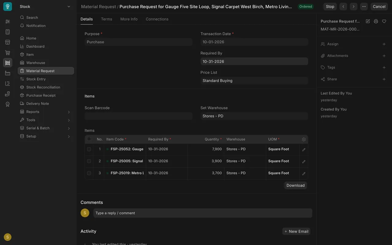 Example Material Request: Purpose Purchase, status Ordered