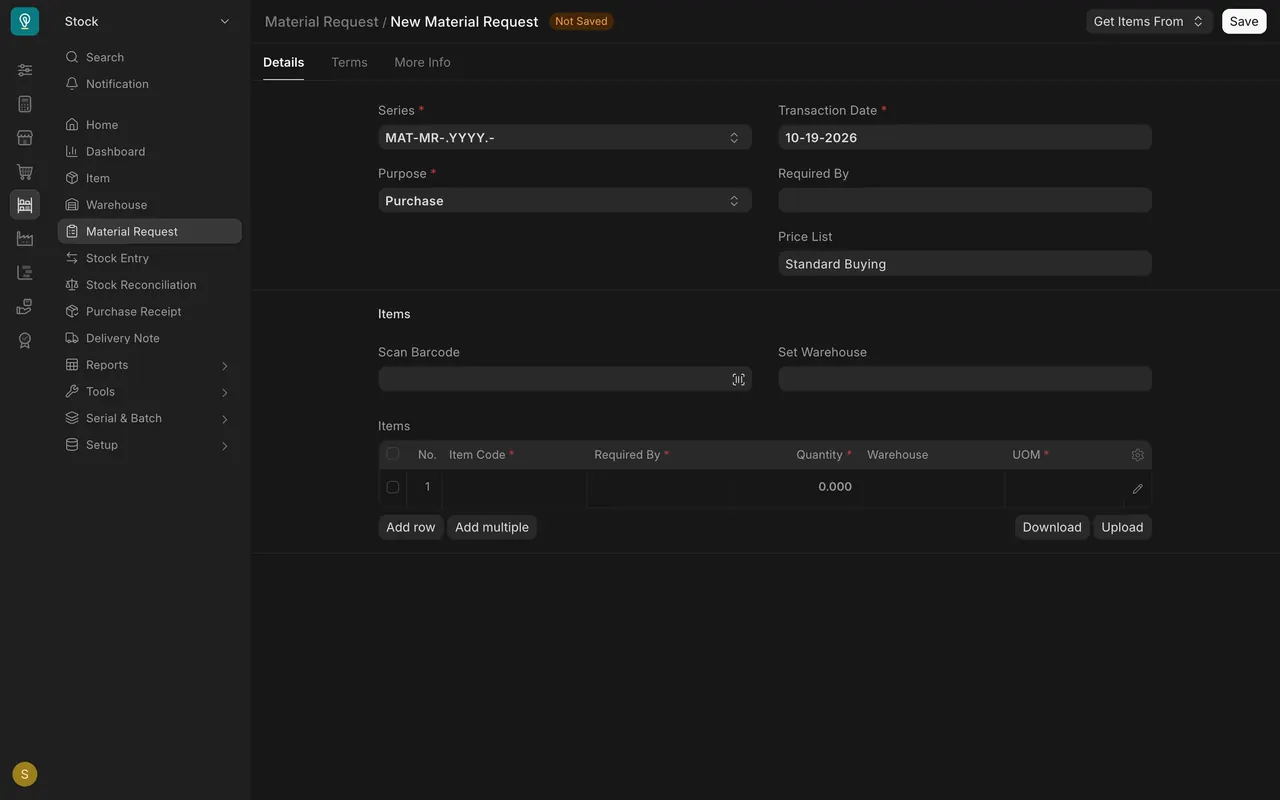 A new Material Request: Purpose, Required By, Set Warehouse, Items table