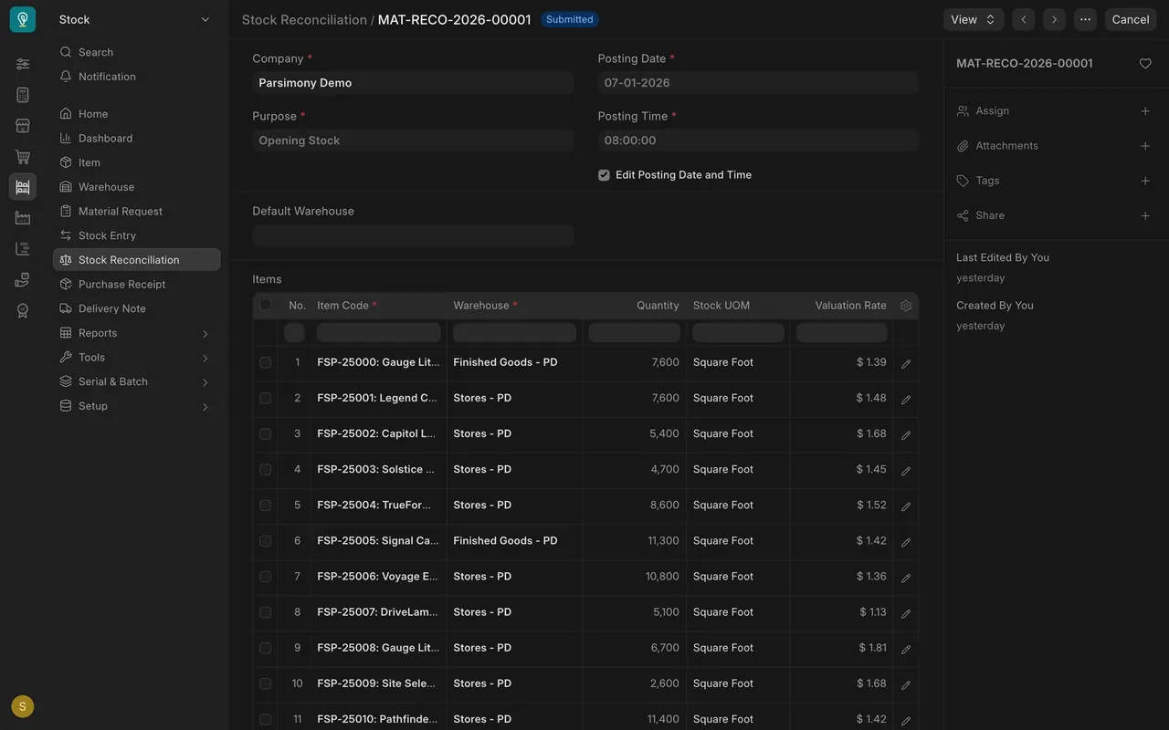 The opening Stock Reconciliation: Warehouse and Quantity on each row
