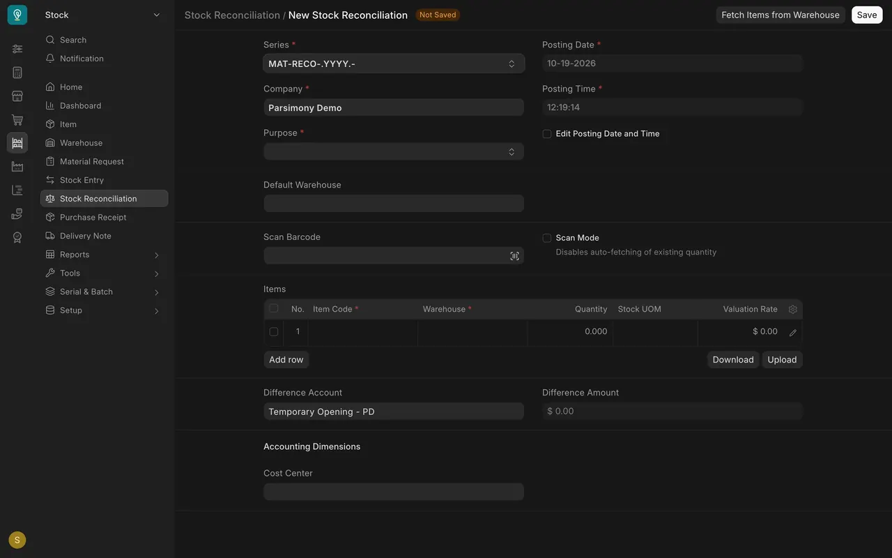 A new Stock Reconciliation: Purpose, Fetch Items from Warehouse, Scan Mode, Items table