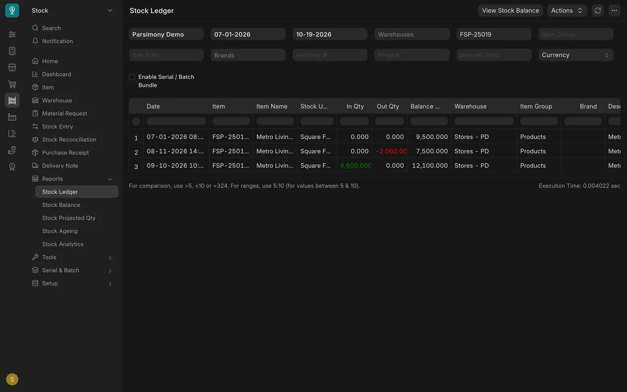 Stock Ledger for one item: In Qty, Out Qty, Balance Qty