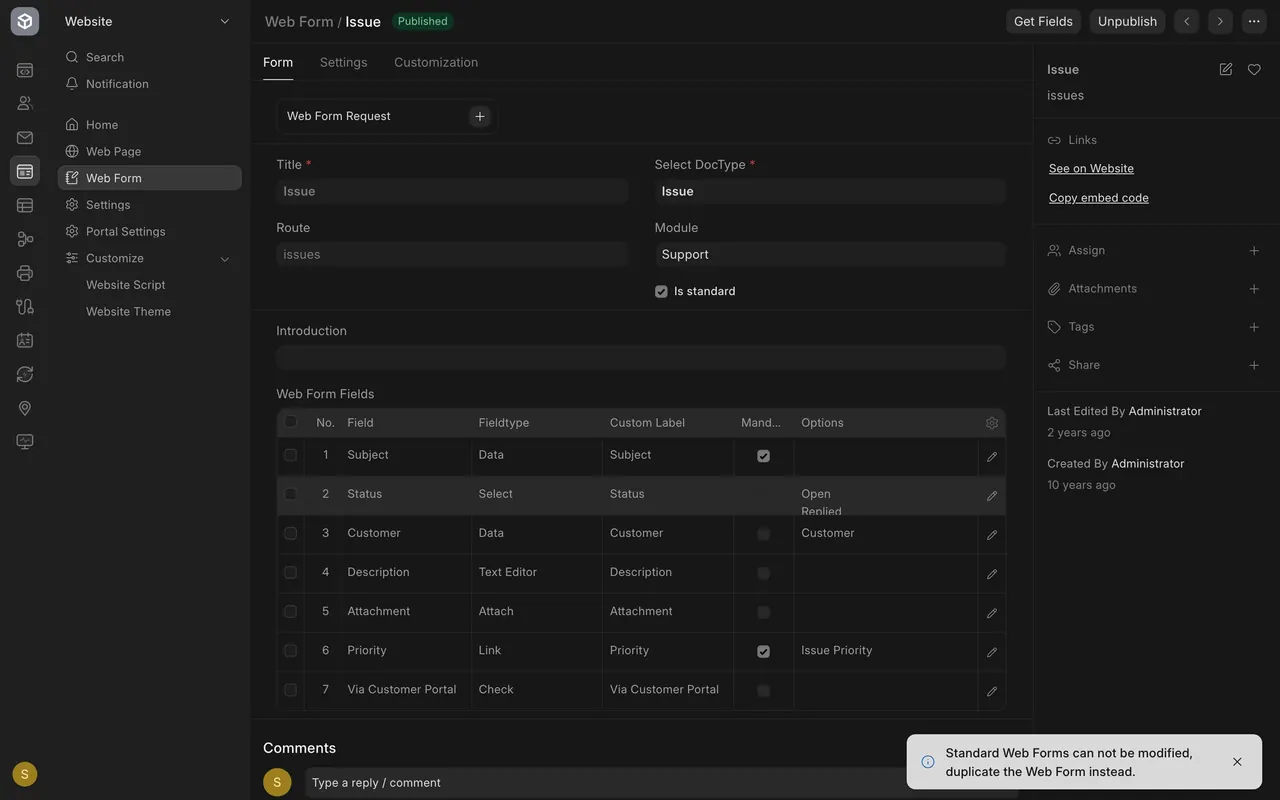 Web form setup