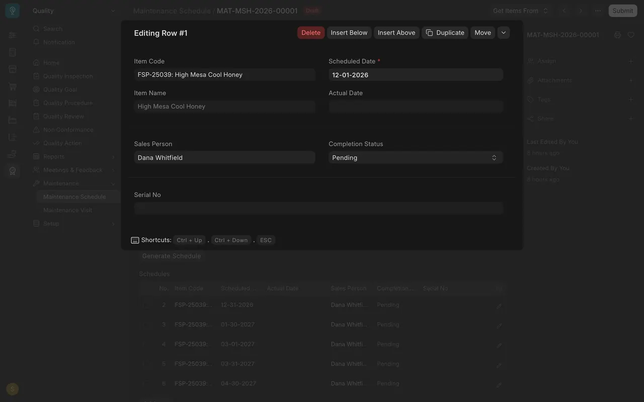 A schedule row opened