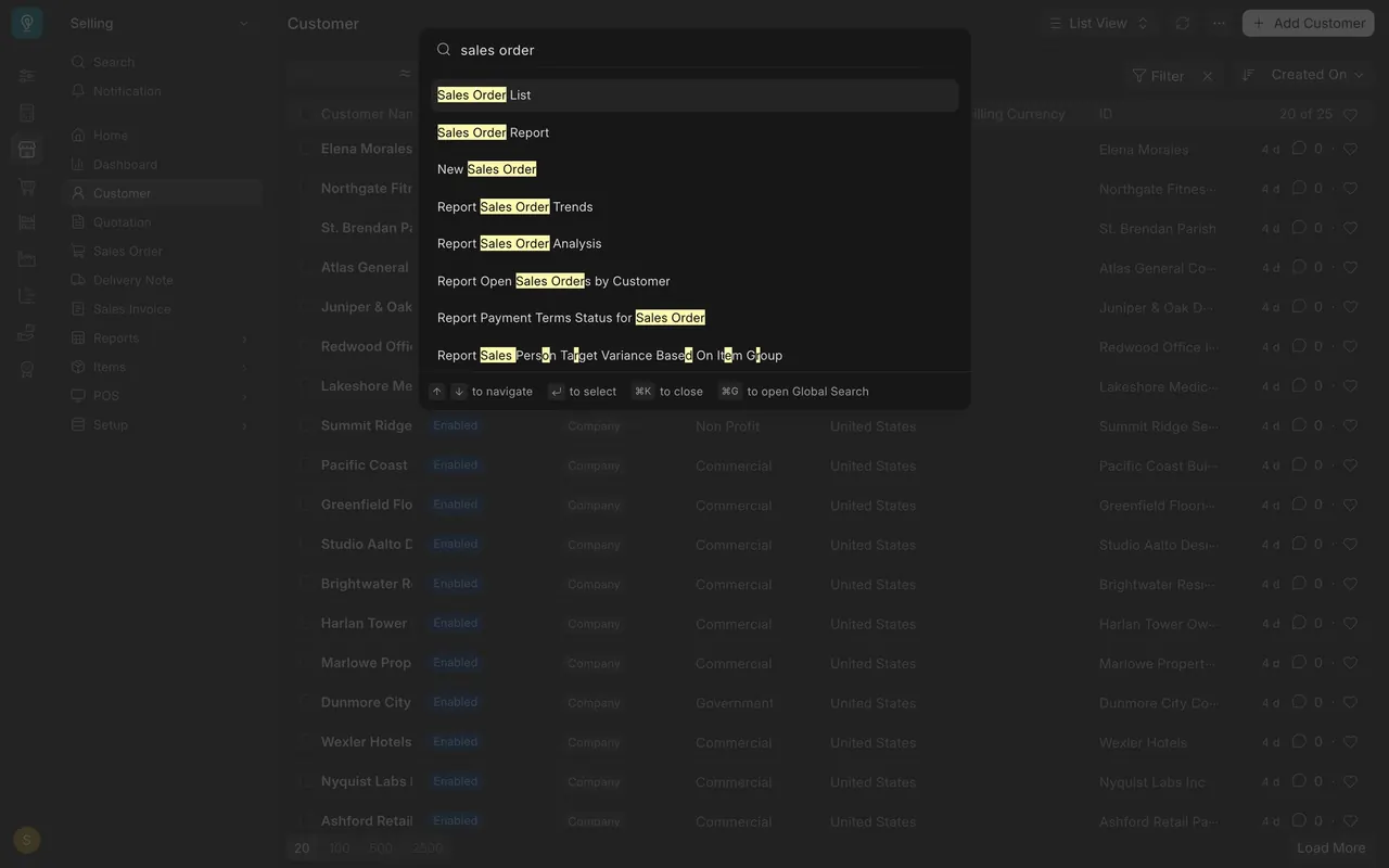 The awesome bar with sales order typed