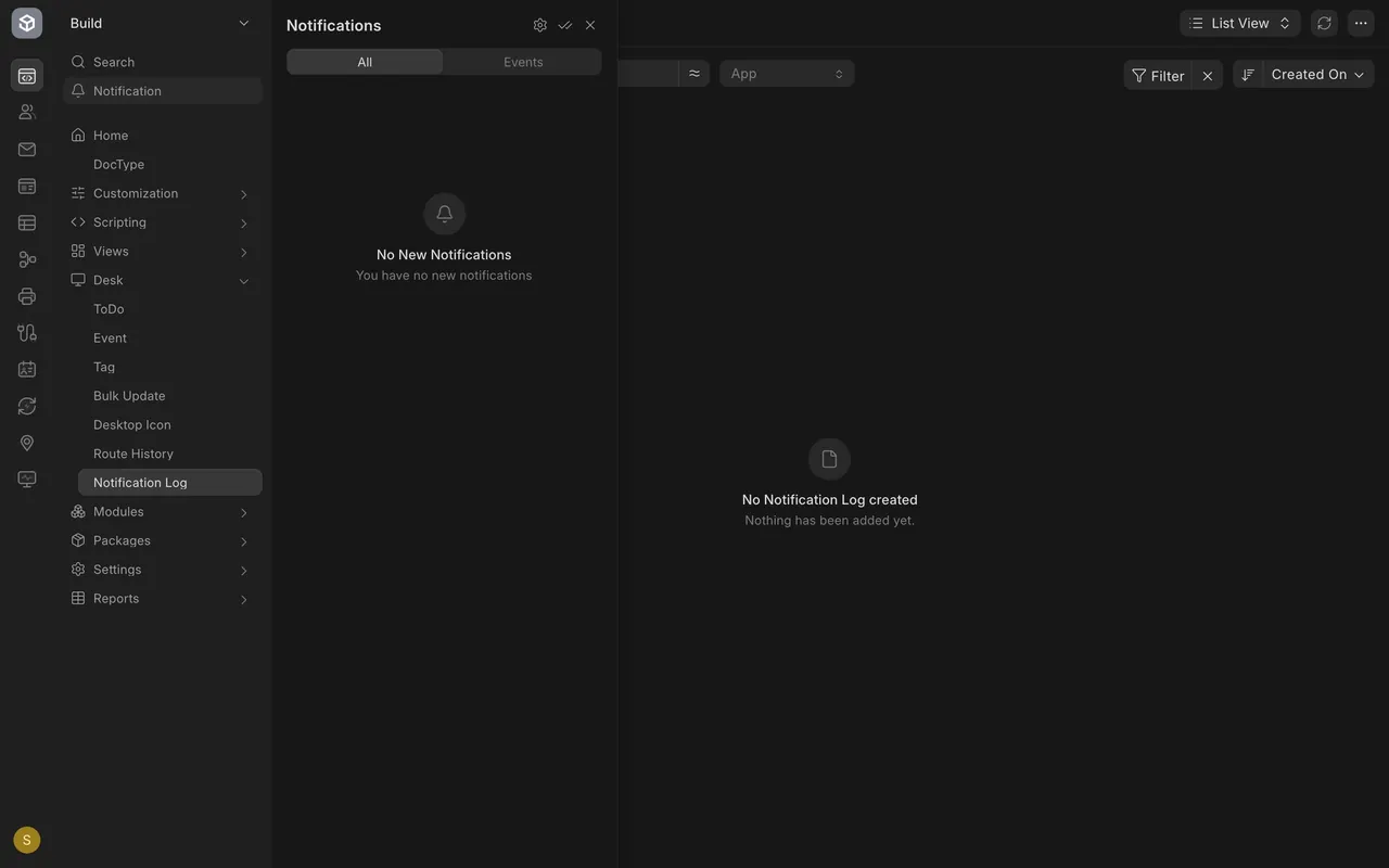 The Notifications panel, empty
