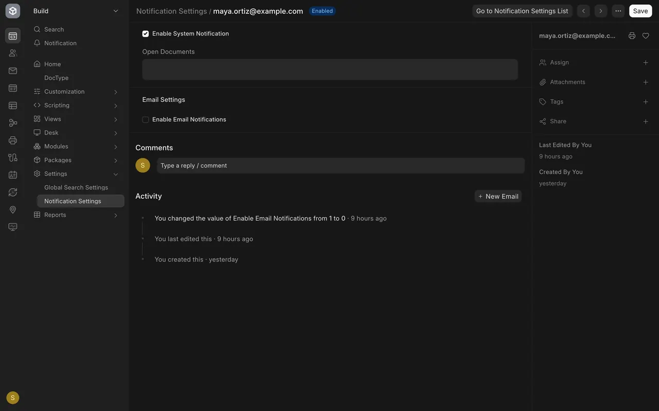 Notification Settings for a demo user