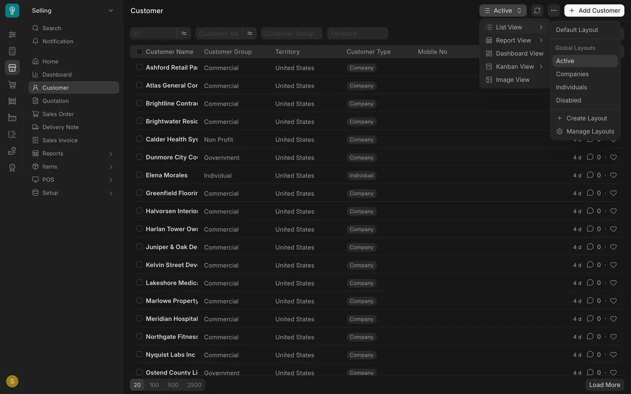 The saved layouts menu