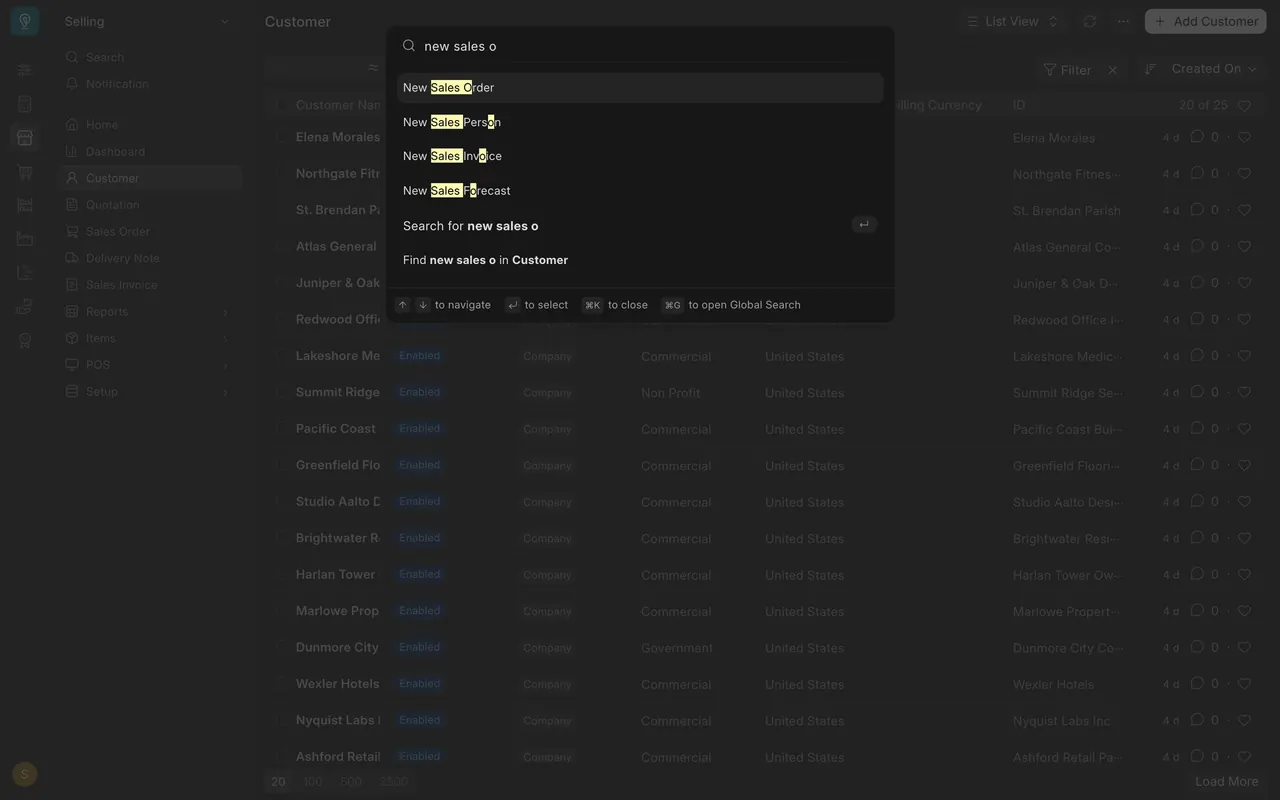 New Sales Order as the first match