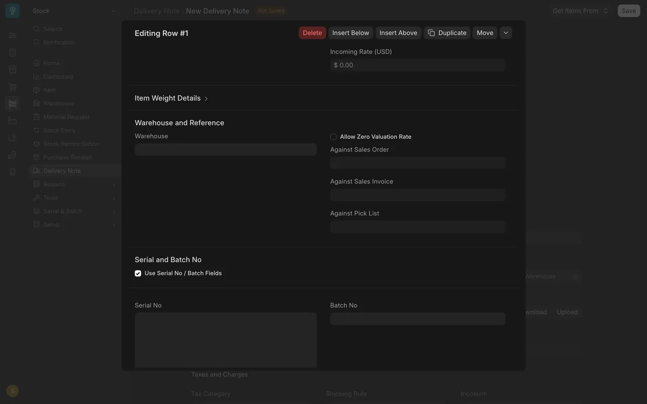 The delivery note line with its Batch No box