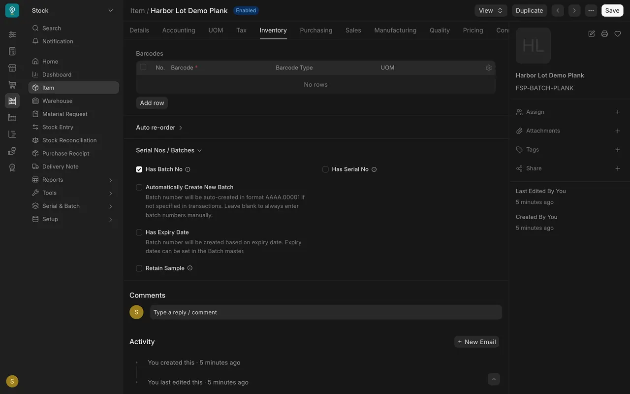 The item with Has Batch No ticked