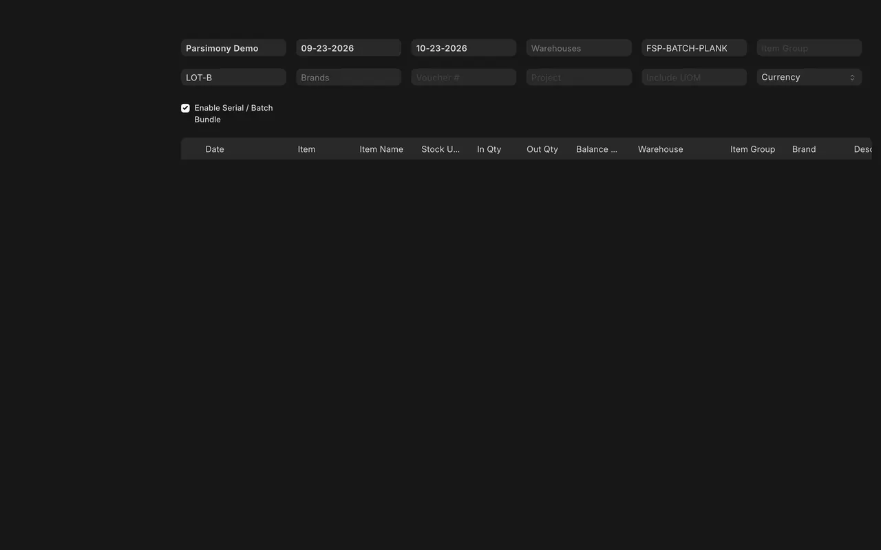 Stock Ledger filtered to LOT-B