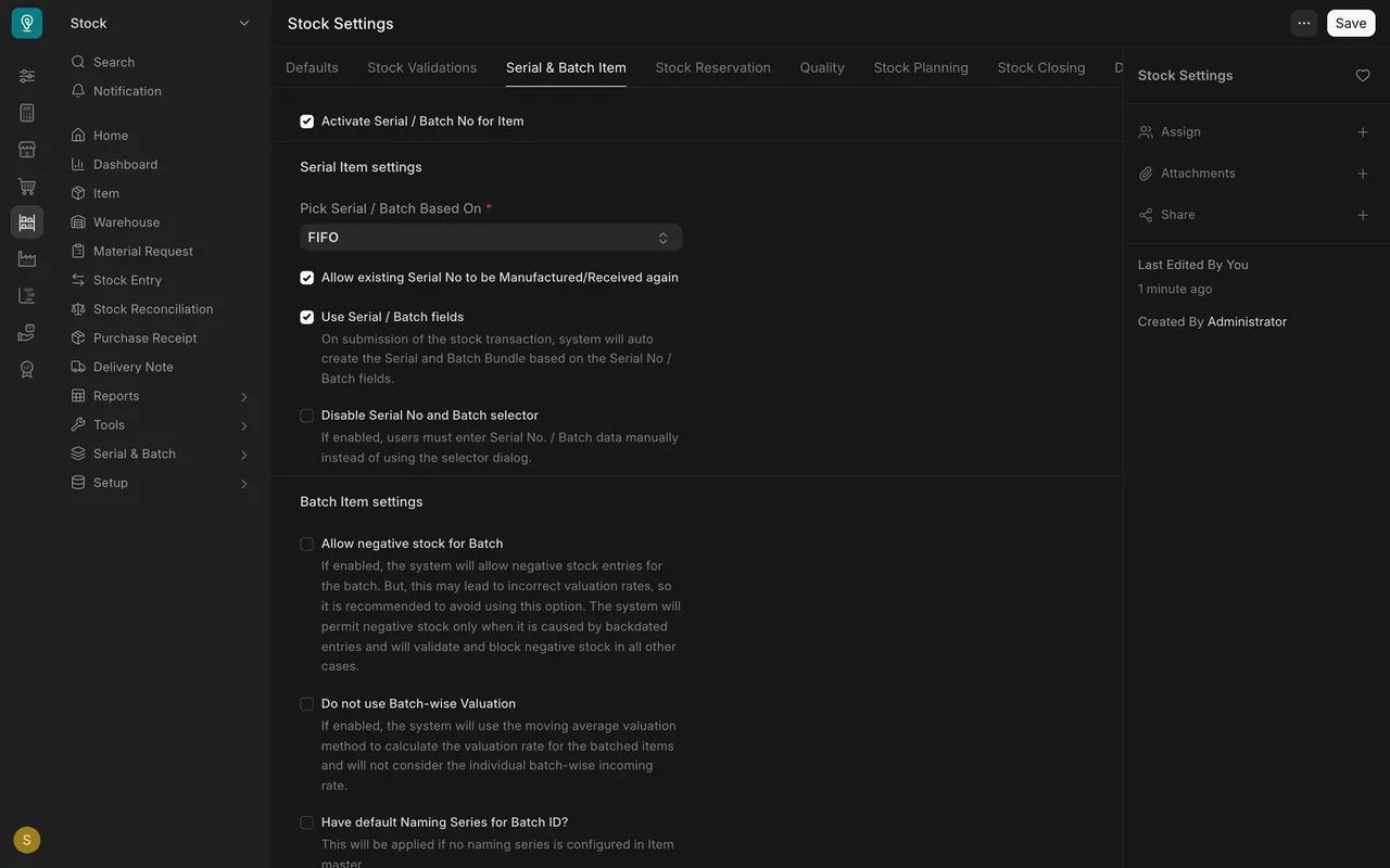 Stock Settings with the batch box ticked