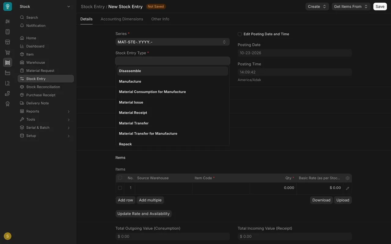 Stock Entry Type dropdown