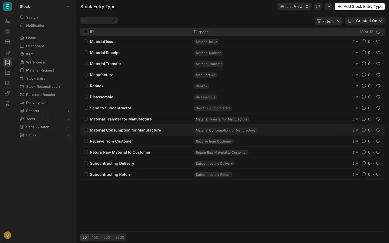 Stock Entry Type list